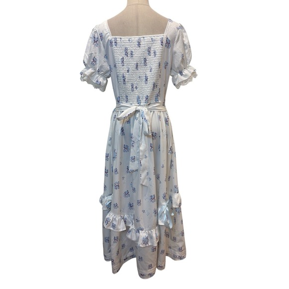 White Blue Floral Milkmaid Midi Dress Sz M Coquette Romantic Ruffles Bows Puff - Picture 6 of 10
